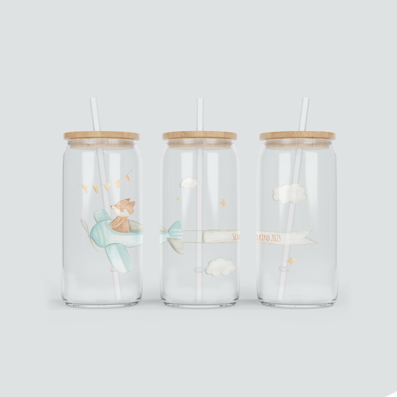 Glas Becher mit Flugzeug und Banner - inkl. Bambus Deckel mit Strohhalm