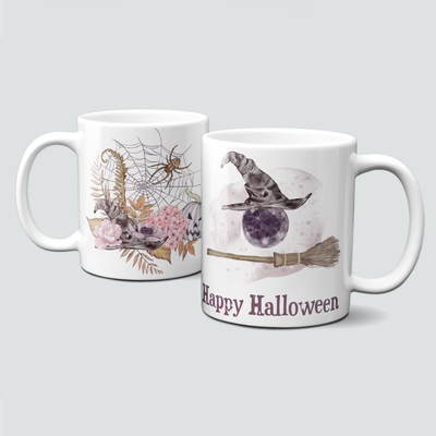 Tasse für Halloween mit Hexenbesen und Mond - Happy Halloween