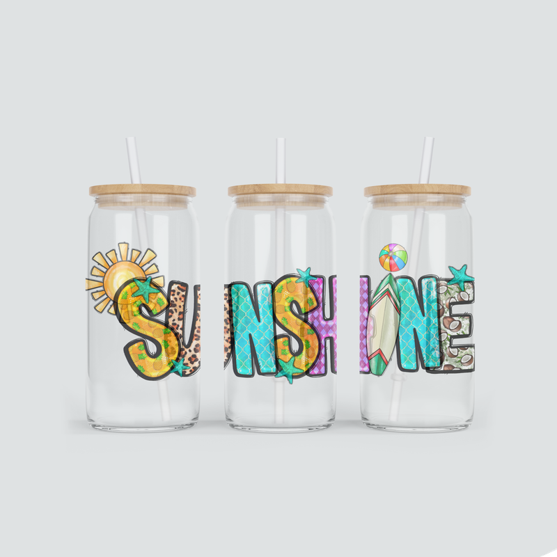 Becher aus Glas mit Sunshine Schriftzug - inkl. Bambus Deckel und Strohhalm