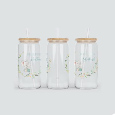 Glas Becher mit Elefant zur Einschulung - inkl. Bambus Deckel mit Strohhalm