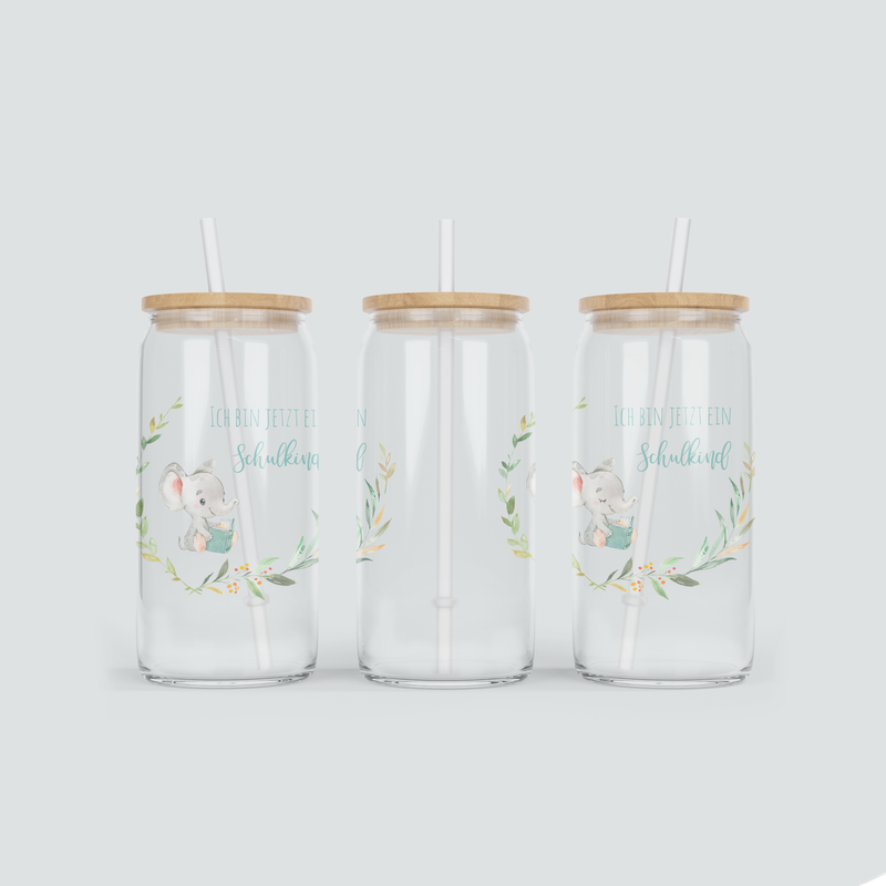 Glas Becher mit Elefant zur Einschulung - inkl. Bambus Deckel mit Strohhalm