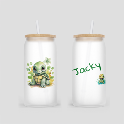 personalisierter Glas Becher mit Schildkröte / Turtle und Blümchen