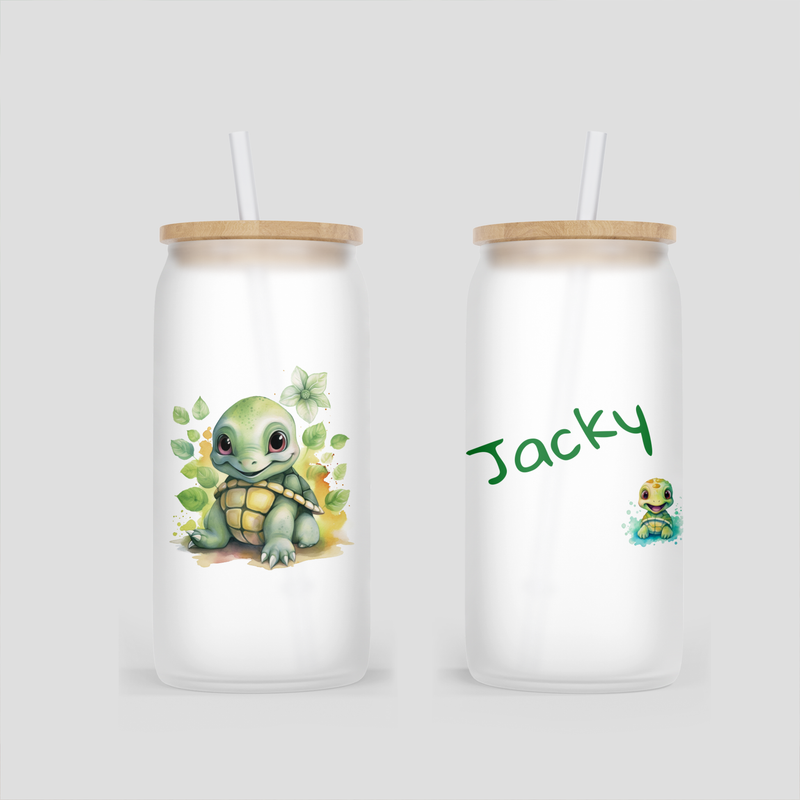 personalisierter Glas Becher mit Schildkröte / Turtle und Blümchen