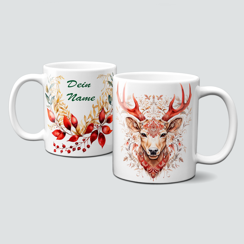 Personalisierte Weihnachtstasse mit Boho Hirsch