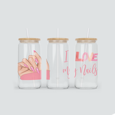 Glas Becher mit Nails &amp; Spruch - LOVE my Nails - inkl. Bambus Deckel mit Strohhalm