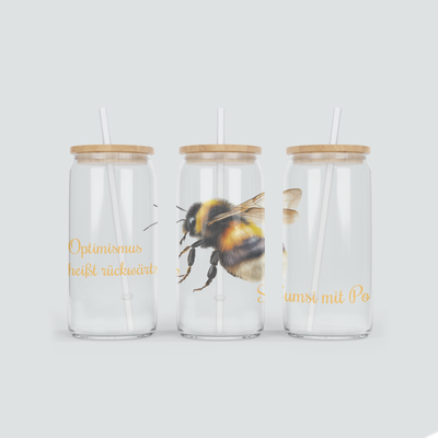Glas Becher mit Bienen und Optimismus Spruch - mit Bambus Deckel und Strohhalm