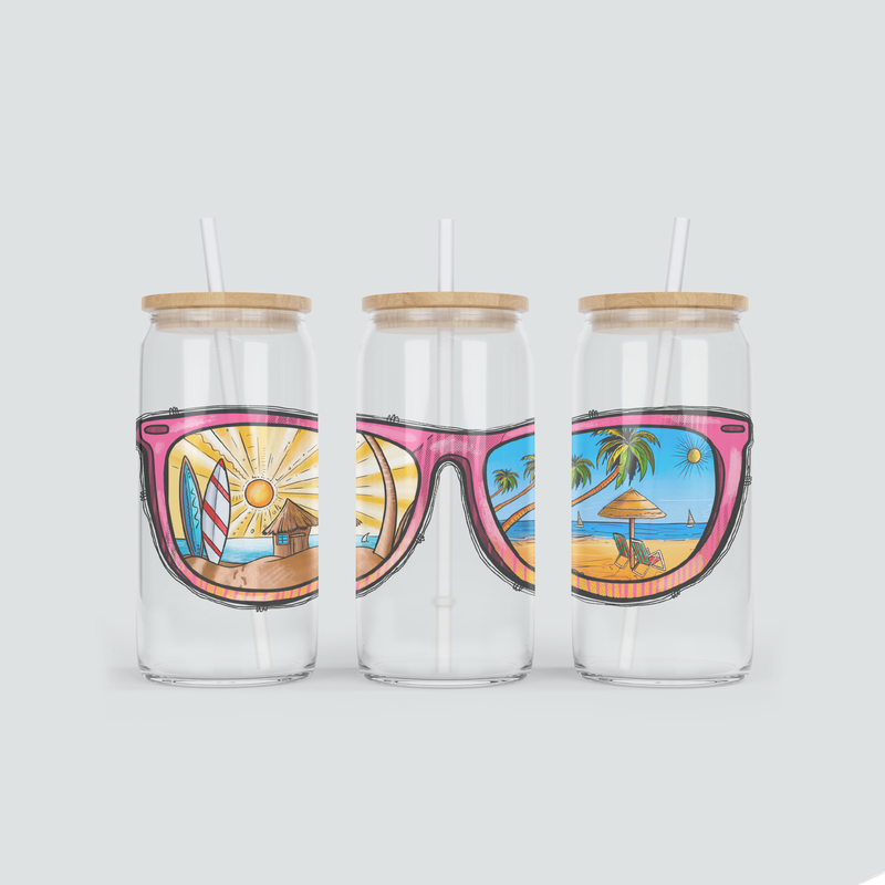 Becher aus Glas mit sommerlicher Sonnenbrille - inkl. Bambus Deckel und Strohhalm