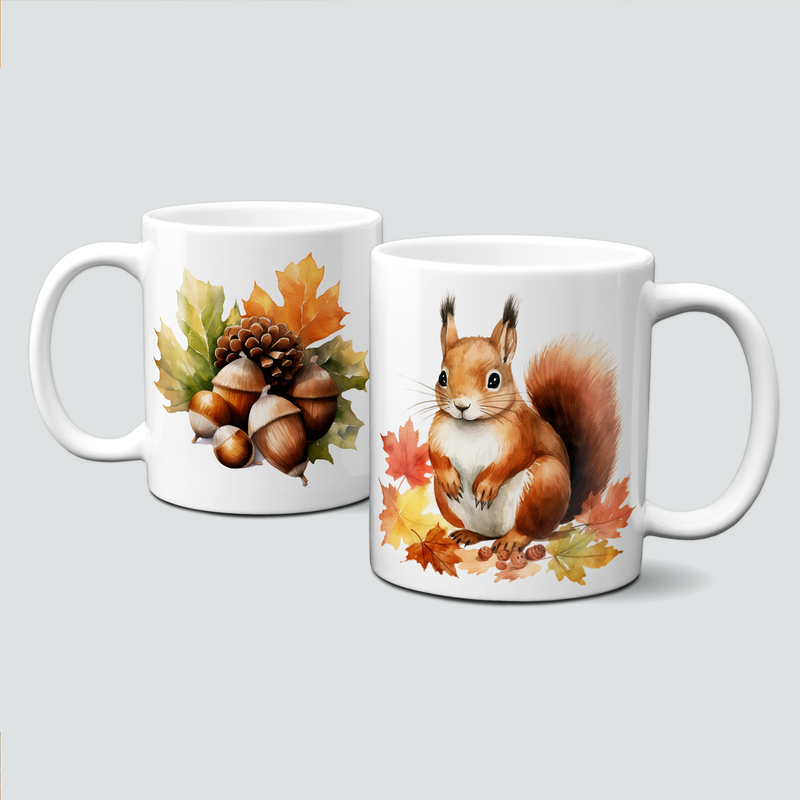 Tasse mit Eichhörnchen im Herbst mit vielen bunten Blättern