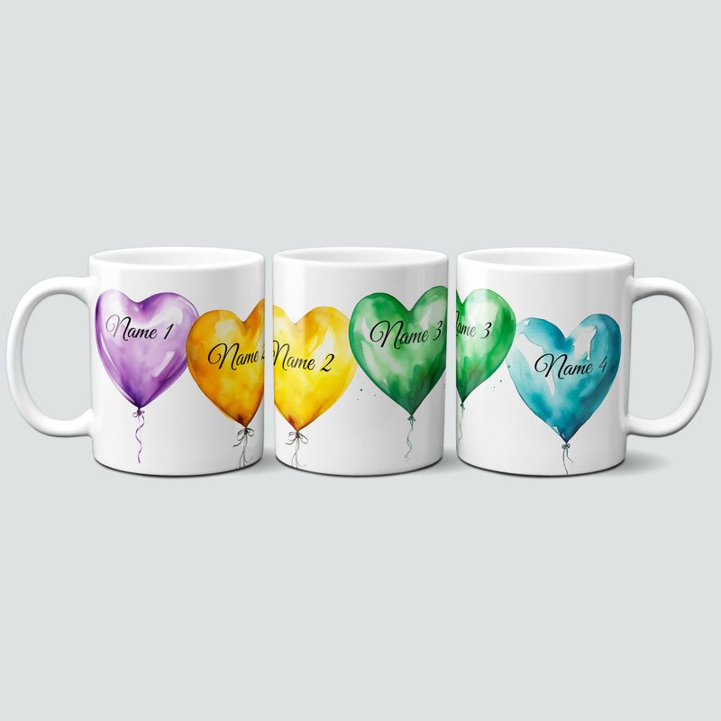 personalisierte Tasse für Familien mit Herz Luftballons