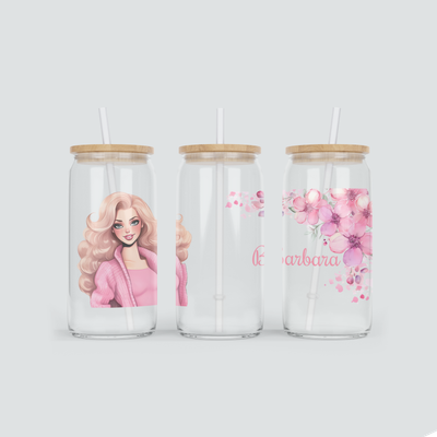 Personalisierter Glas Becher für Mädchen in Pink inkl. Bambus Deckel &amp; Strohhalm