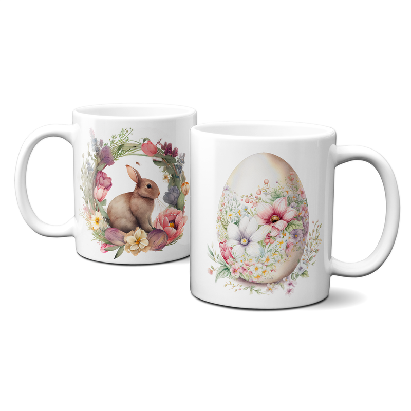 Ostertasse - Häschen im Blumenkranz und verziertem Osterei