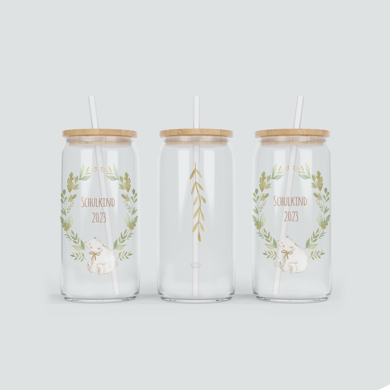 Glas Becher für Schulkinder mit Eisbär - inkl. Bambus Deckel mit Strohhalm