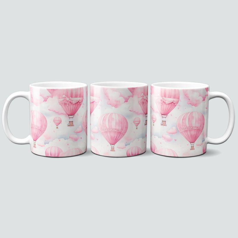 Tasse mit rosa romantischen Heißluftballons