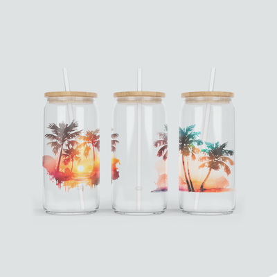 Glas Becher mit Palmen - inkl. Bambus Deckel und Strohhalm