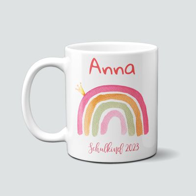 personalisierte Tasse zur Einschulung mit Regenbogen