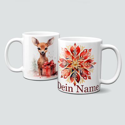 Personalisierte Wintertasse mit süßem Hirsch und Schneeflocke