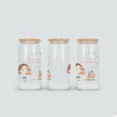 Glas Becher mit Mädchen mit brünetten Haaren- inkl. Bambus Deckel mit Strohhalm