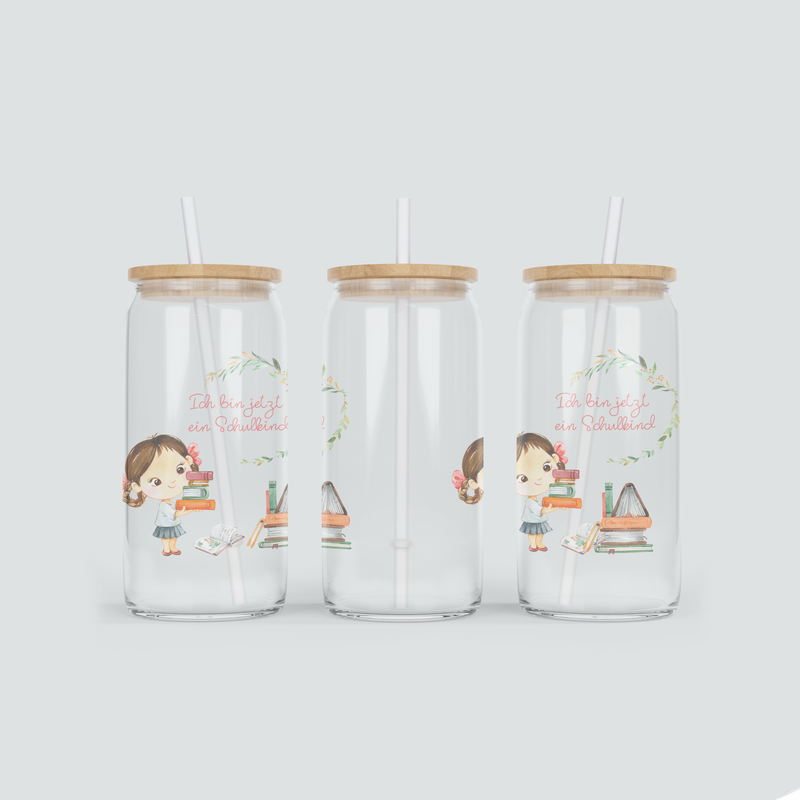 Glas Becher mit Mädchen mit brünetten Haaren- inkl. Bambus Deckel mit Strohhalm