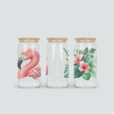 Glas Becher mit Flamingo und Hibiskus Design inkl. Bambus Deckel