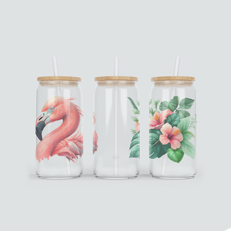 Glas Becher mit Flamingo und Hibiskus Design inkl. Bambus Deckel