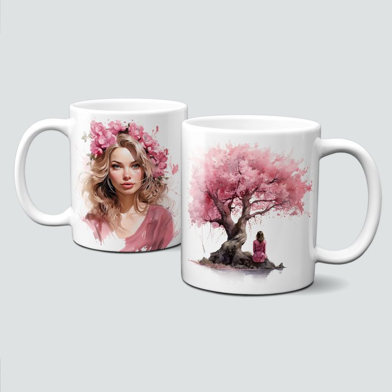 Tasse mit Baum und Mädchen mit Blüten im Haar - ein Traum in Rosa