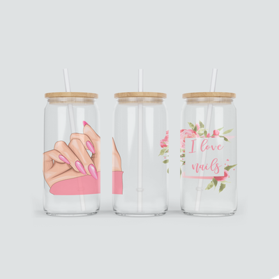 Glas Becher mit Nails &amp; Spruch - i love nails - inkl. Bambus Deckel mit Strohhalm