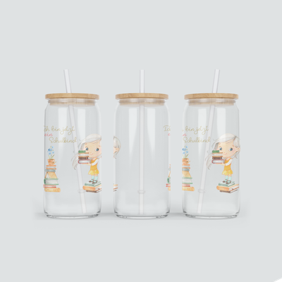 Glas Becher Schulkind mit blondem Mädchen - inkl. Bambus Deckel mit Strohhalm