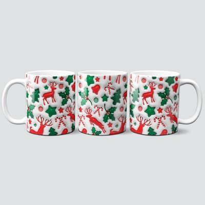 Tasse weiß, rot &amp; grün mit Weihnachtsmotiven im 3D Design