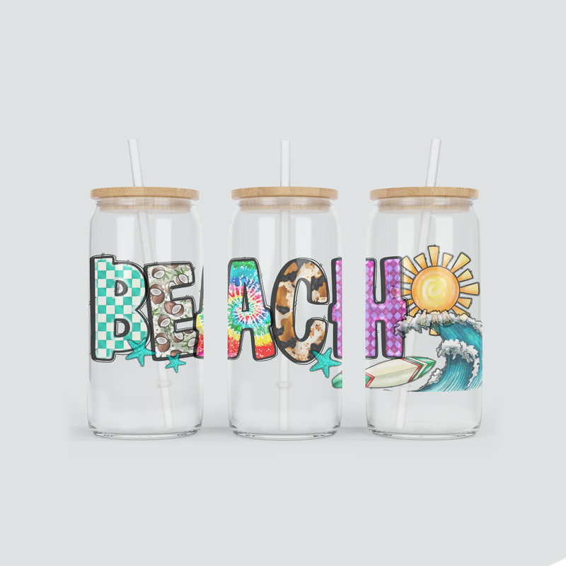 Glas Becher mit Beach Schrift - inkl. Bambus Deckel und Strohhalm
