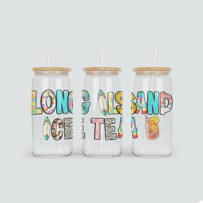 Becher aus Glas mit Long Island Ice Tea Schriftzug - inkl. Bambus Deckel und Strohhalm
