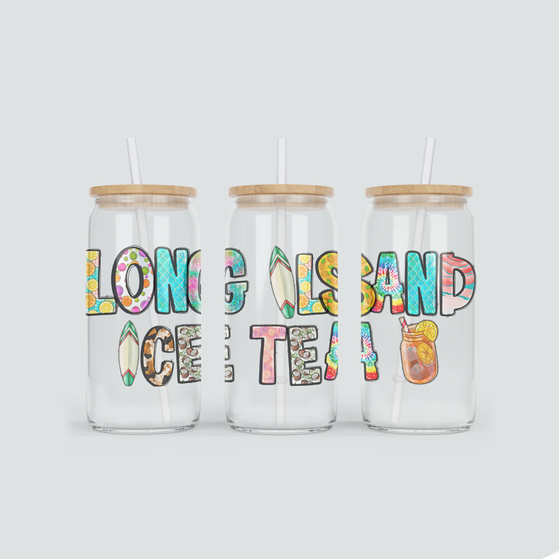 Becher aus Glas mit Long Island Ice Tea Schriftzug - inkl. Bambus Deckel und Strohhalm