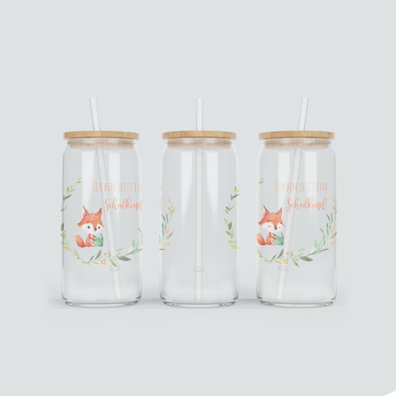 Glas Becher mit Fuchs zur Einschulung - inkl. Bambus Deckel mit Strohhalm
