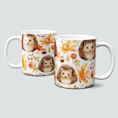 Tasse mit süßen Igelmotiven im Herbst - Igel, Blätter, Nüsse, Autumn