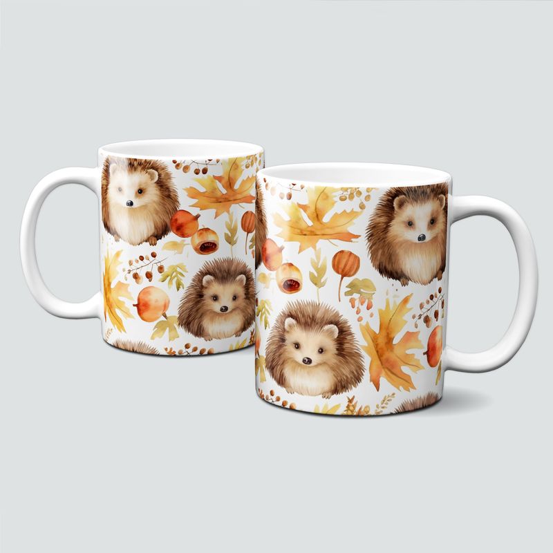 Tasse mit süßen Igelmotiven im Herbst - Igel, Blätter, Nüsse, Autumn