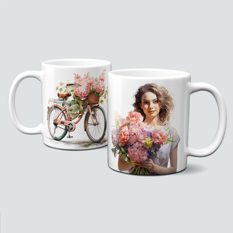 Tasse mit Blumen - Spring / Summer - Frau mit Rad