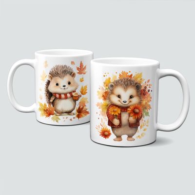 Tasse mit süßen Igelmotiven im Herbst - Igel mit Schal, Blätter, Blumen