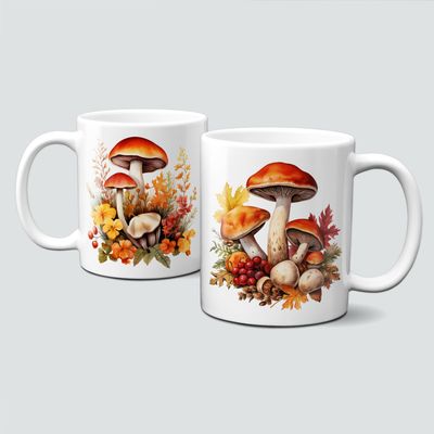 Tasse mit süßen Herbstmotiven - Pilzfamilie inmitten von Blumen