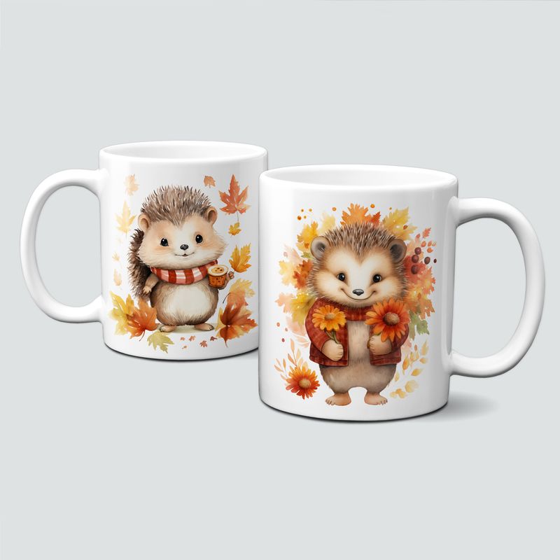 Tasse mit süßen Igelmotiven im Herbst - Igel mit Schal, Blätter, Blumen