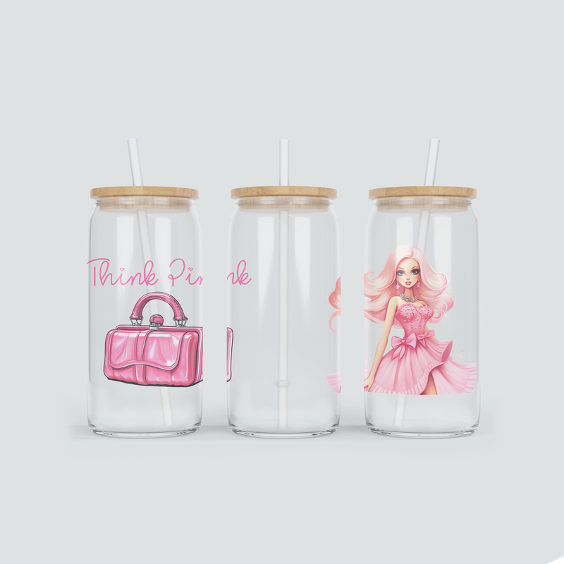 Glas Becher mit Beauty Girl in Pink inkl. Bambus Deckel mit Strohhalm