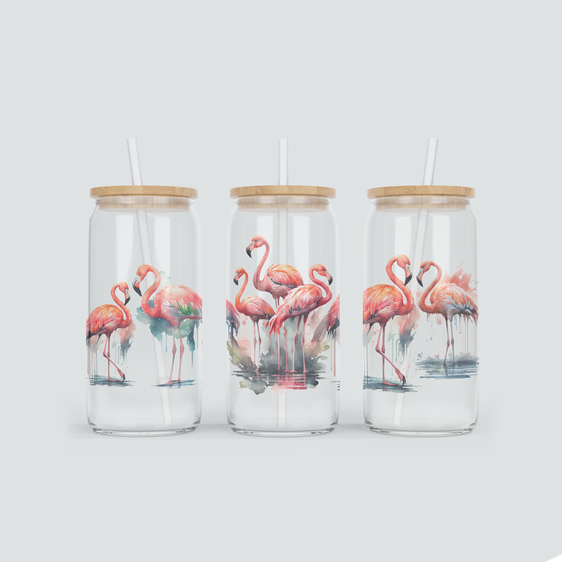 Glas Becher mit Bambus Deckel mit Flamingo Kolonie