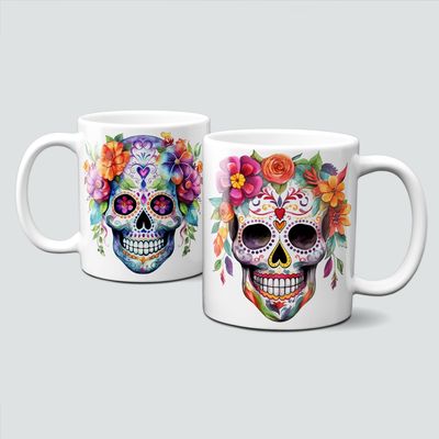 Tasse für Halloween - La Catrina, dunkle Magie, Totenköpfe, bunte Blumen