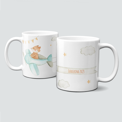 individuelle Tasse für Schulkinder mit Flugzeug und Fuchs