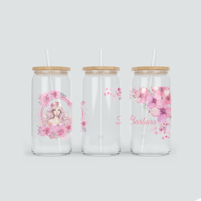 Personalisierter Glas Becher für Mädchen in Pink inkl. Bambus Deckel &amp; Strohhalm