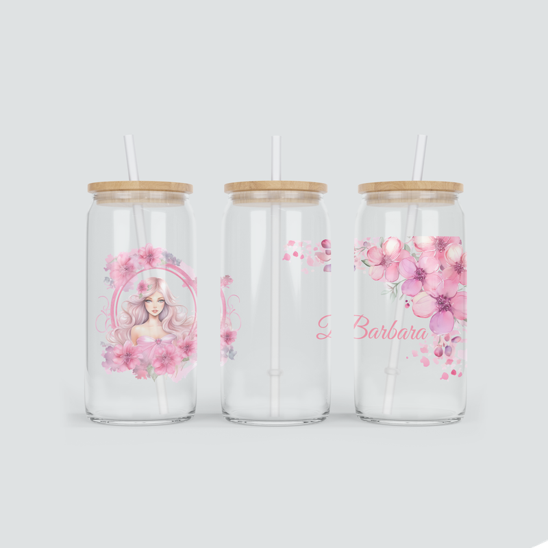Personalisierter Glas Becher für Mädchen in Pink inkl. Bambus Deckel &amp; Strohhalm