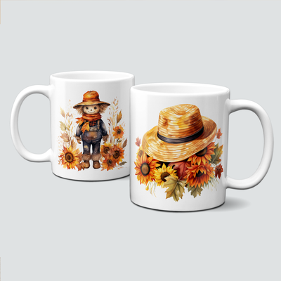 Tasse mit lustigem Männlein im Herbst mit vielen bunten Blättern