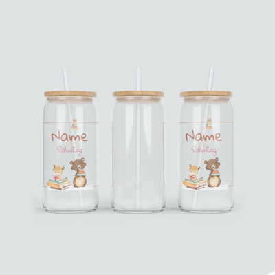 Personalisierter Glas Becher zum ersten Schultag - inkl. Bambus Deckel mit Strohhalm
