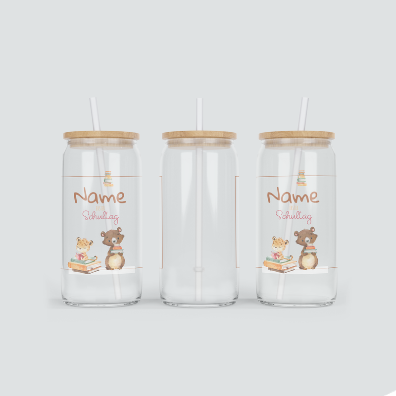 Personalisierter Glas Becher zum ersten Schultag - inkl. Bambus Deckel mit Strohhalm