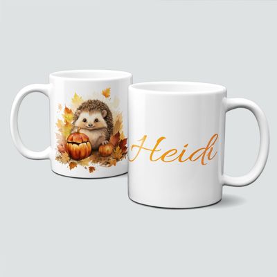 personalisierte Igeltasse - Igel, Blumen, Blätter, Autumn, Herbst