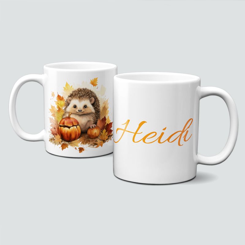 personalisierte Igeltasse - Igel, Blumen, Blätter, Autumn, Herbst