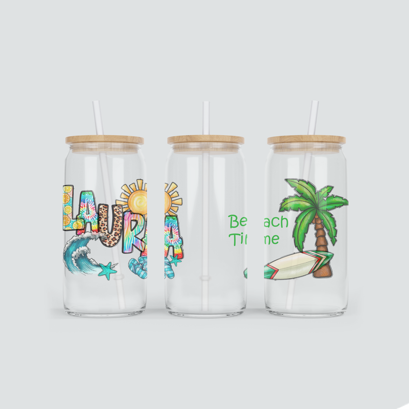 Personalisierter Sommer Becher aus Glas mit Namen - inkl. Bambus Deckel und Strohhalm